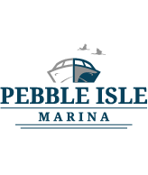 Pebble Isle Marina text with drawing of front of a boat and two sea birds flying overhead
