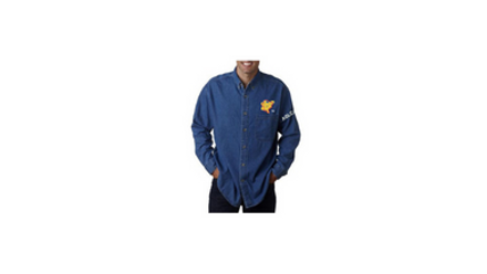 Man Modeling Denim Shirt with AGLCA Embroidered Logo