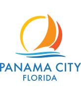 Panama City, Florida logo, blue text and water under a orange circle with two boat sails.