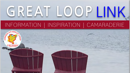 Cover of Great Loop Link December 2022 Issue. Two red adirondack chairs on wood pier, empty, but overlooking the water.