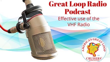 Graphic of Microphone and AGLCA Logo with Text Great Loop Radio Podcast Effective Use of VHF Radio