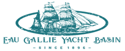 Eau Gallie Yacht Basin logo, sail boat with business name, all in aqua.