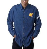 Man Modeling Denim Shirt with AGLCA Embroidered Logo