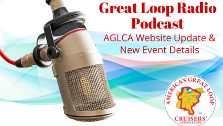 Graphic of Microphone and AGLCA Logo with Text Great Loop Radio Podcast AGLCA Website Update and New Event Details