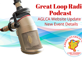 Graphic of Microphone and AGLCA Logo with Text Great Loop Radio Podcast AGLCA Website Update and New Event Details